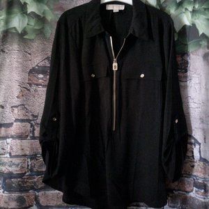 Black Gold Zip Pockets Long Sleeve Roll Tab Sleeve Blouse